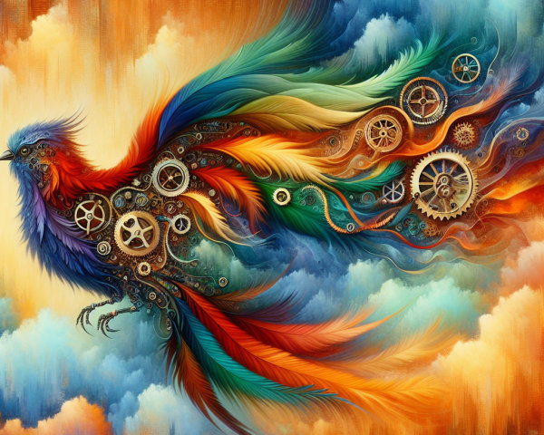 Vibrant Phoenix with Steampunk Elements in Colorful Sky