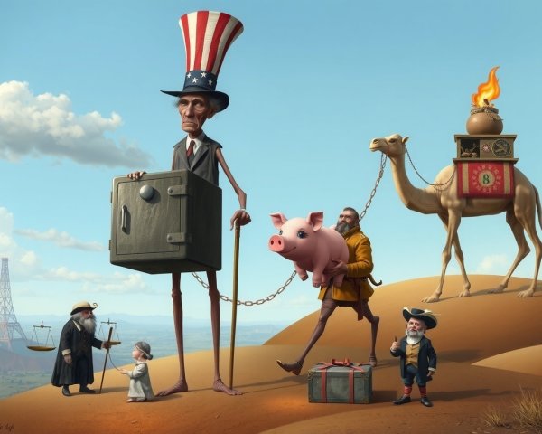 Surreal Landscape Featuring Uncle Sam and Whimsical Figures