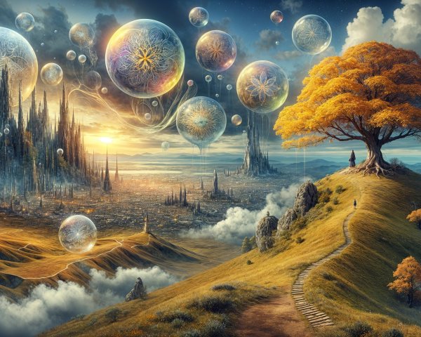 Surreal Landscape with Serene Figure and Distant City