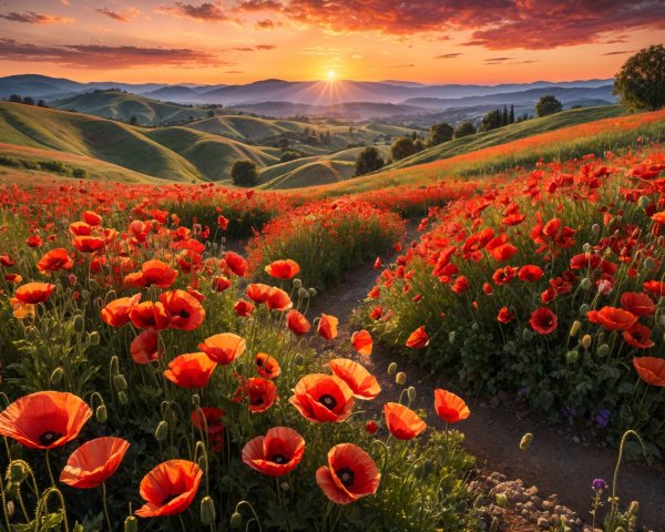 Vibrant Landscape of Red Poppies at Sunset