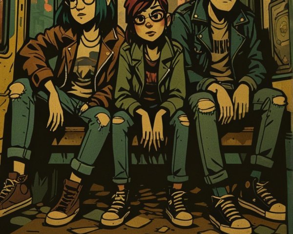 Young Friends in Worn Subway Carriage with Urban Style