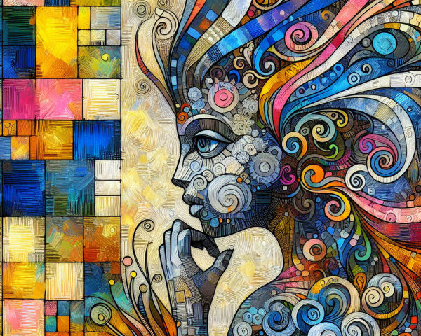 Stylized face with colorful hair and geometric background