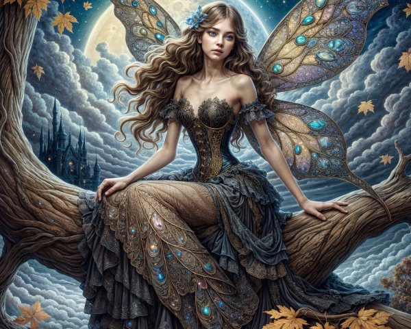 Fairy with Jewel-Studded Wings in Moonlit Setting