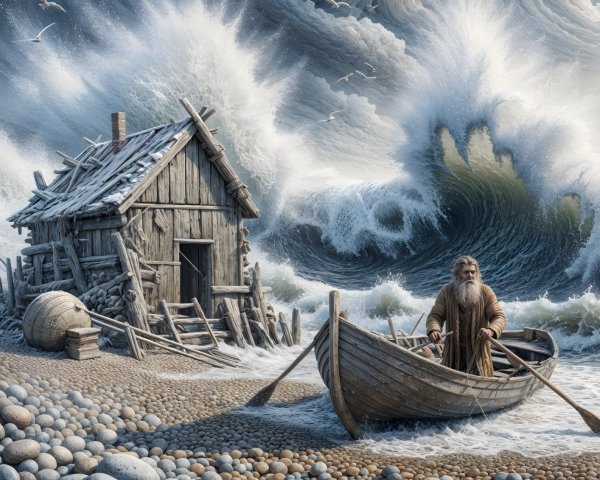 Rugged Seashore with Wooden House and Stormy Waves