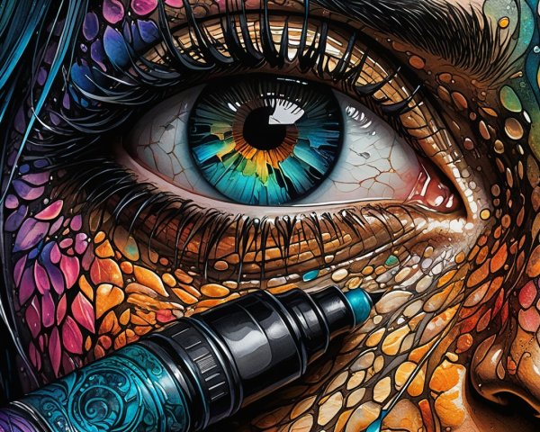 Detailed Eye Surrounded by Colorful Scales and Patterns