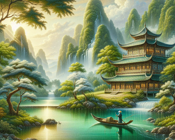 Serene Landscape with Traditional Structure and Waterfalls