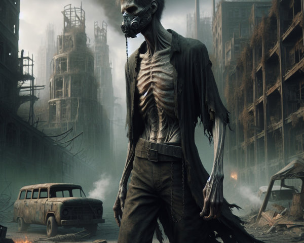 Gaunt Figure in Post-Apocalyptic Urban Landscape