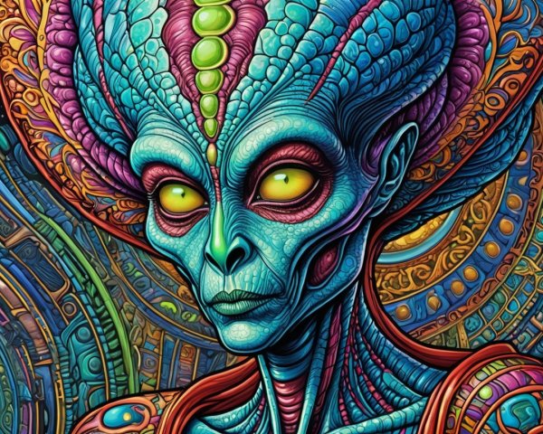 Intricate Alien Figure with Cosmic Background Elements