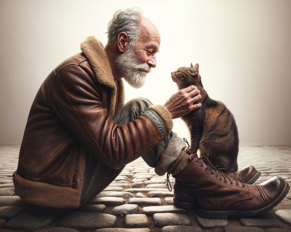 Elderly man kneeling with a brown tabby cat on cobblestones
