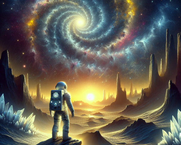 Astronaut on Alien Landscape with Spiral Galaxy View