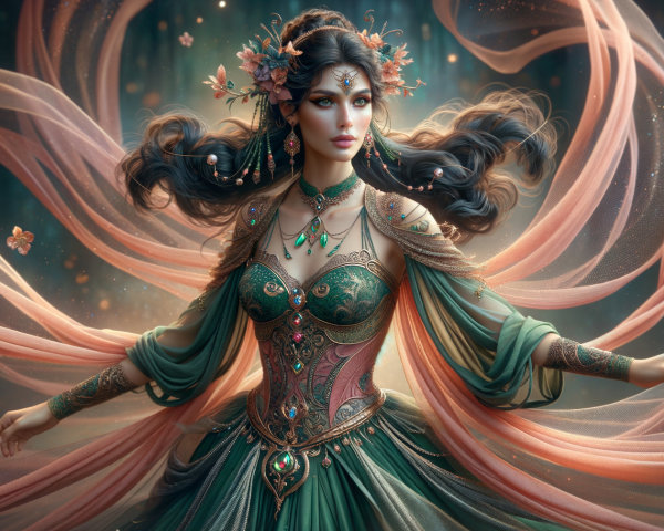 Mystical figure in green and gold gown with ribbons