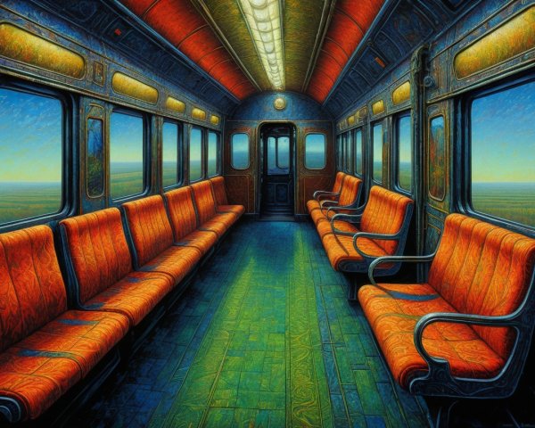 Interior of a Subway Car with Vibrant Seating and Views