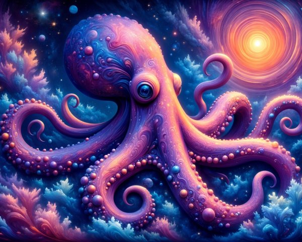 Surreal Octopus in Cosmic Underwater Scene