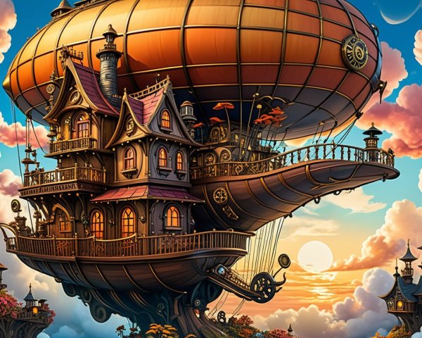 Whimsical Steampunk Airship Above a Vibrant Landscape