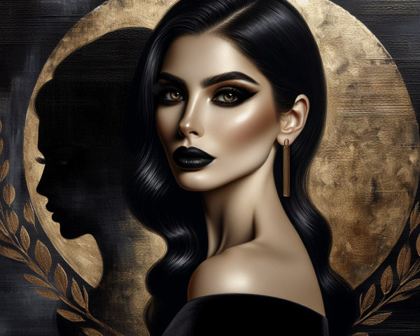 Portrait of a woman with black hair and dramatic makeup