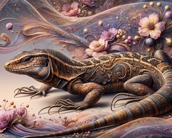 Intricate Illustration of a Lizard with Floral Elements