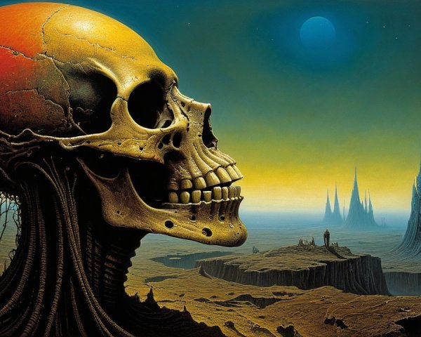 Vibrant Skull in Surreal Landscape with Dark Sky