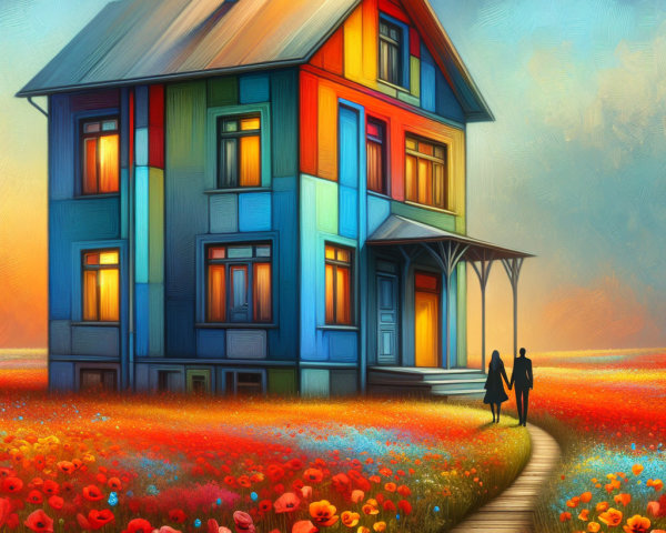 Colorful house in a field of blooming red poppies