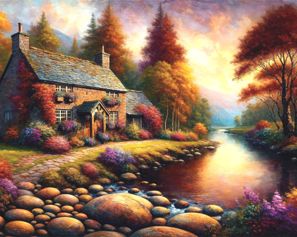 Charming Cottage by River Surrounded by Autumn Foliage