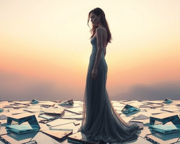 Woman in ethereal gown on reflective glass surface