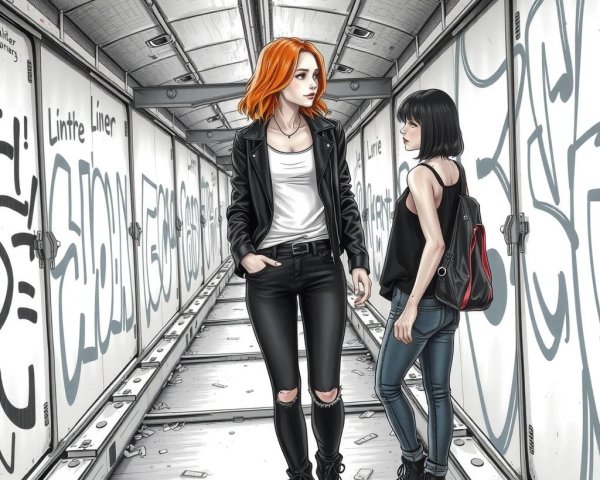 Young Women in Graffiti-Decorated Train Car