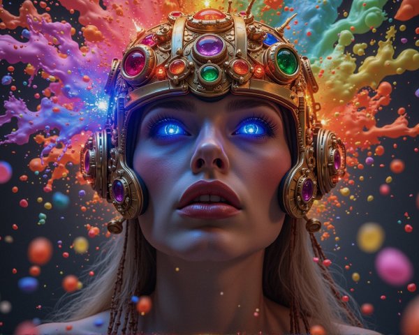Striking Woman with Golden Headdress and Colorful Jewels