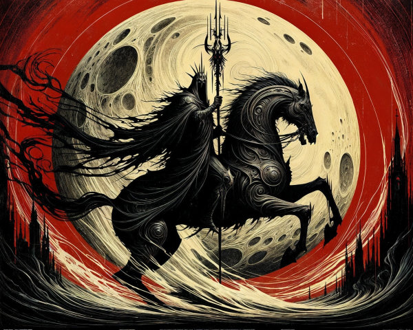 Dark Figure on Horse Under Glowing Moonlight