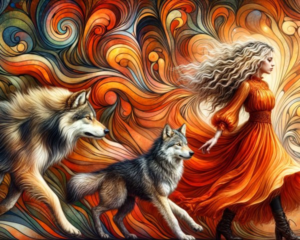 Young woman in orange dress walking with wolves