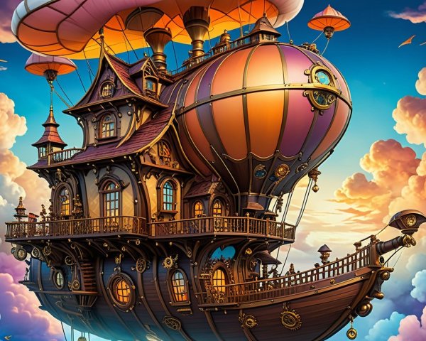 Ornate Whimsical Airship with Colorful Balloons