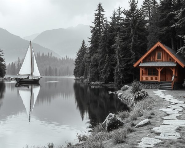 Serene Landscape with Cabin and Calm Lake Reflection
