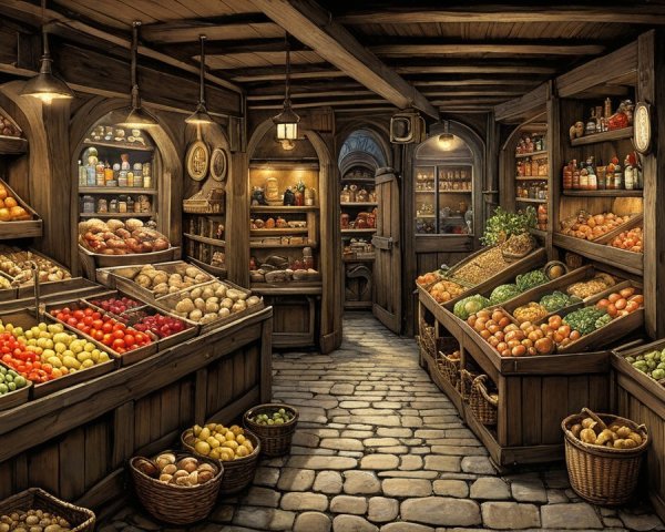Rustic market with fresh produce and wooden stalls