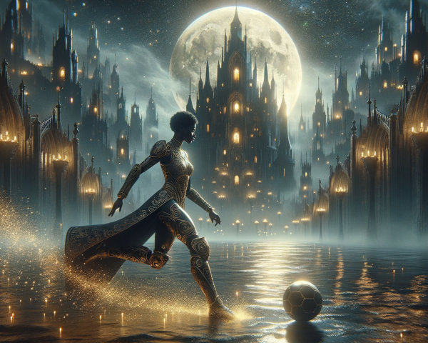 African woman in ornate dress playing soccer at night