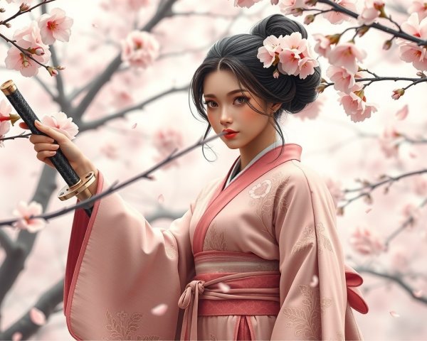 Young Woman in Kimono Surrounded by Cherry Blossoms