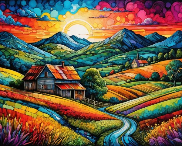 Vibrant Landscape with Colorful Fields and House