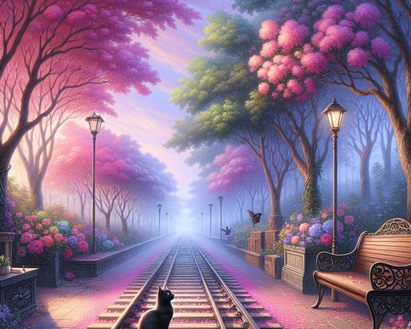 Serene Pathway with Pink Trees and Vintage Lamp Posts