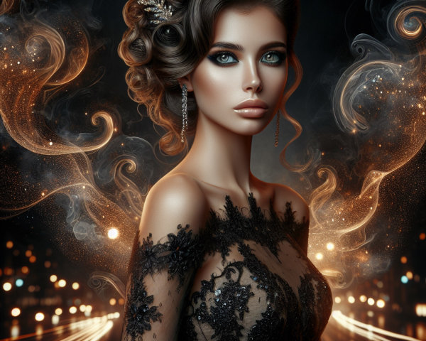 Elegant Woman in Black Gown with Mystical Lighting
