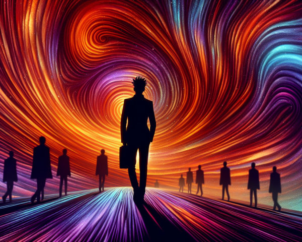 Silhouetted Figure Against Cosmic Colorful Swirl