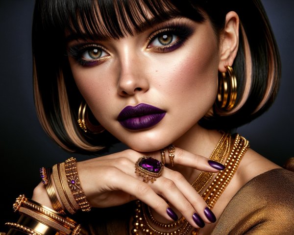 Portrait of a woman with bold makeup and jewelry