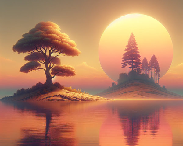 Serene Landscape with Islands and Sunset Reflection