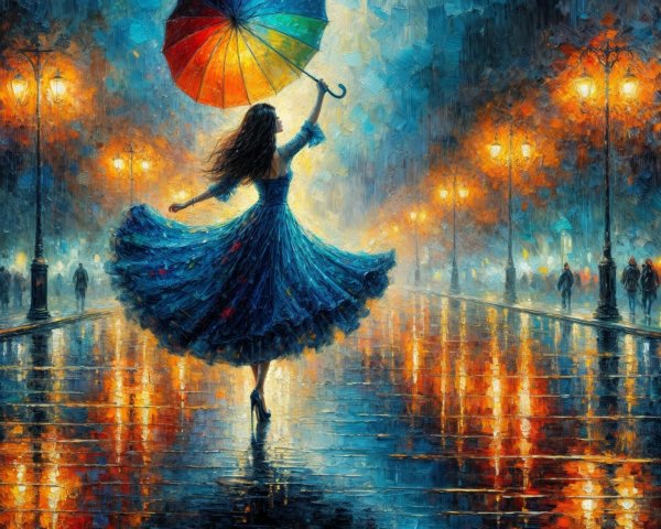 Woman in Blue Dress Twirling with Colorful Umbrella