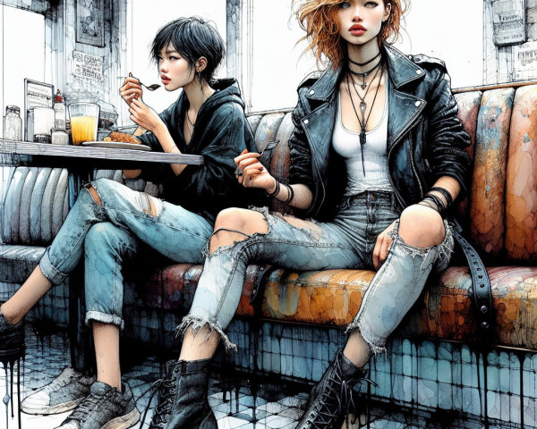 Stylish Women in Retro Diner with Vibrant Decor