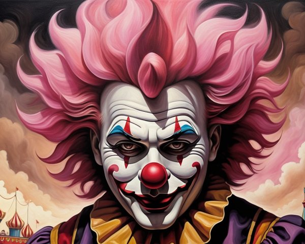 Vivid Portrait of a Sinister Clown in Carnival Setting