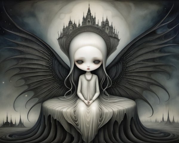 Haunting figure with wings and castle under full moon