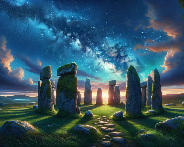 Mystical Stone Circle Under Starry Evening Sky