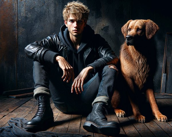 Young Man in Leather Jacket with Golden Retriever
