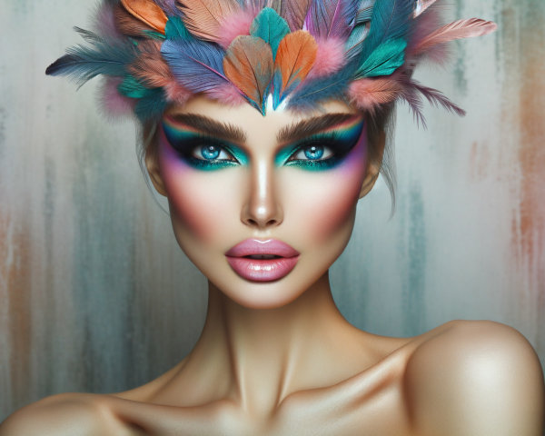 Model with Dramatic Makeup and Feather Crown