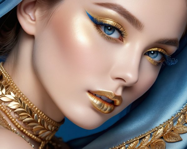 Portrait of a woman with blue eyes and gold makeup
