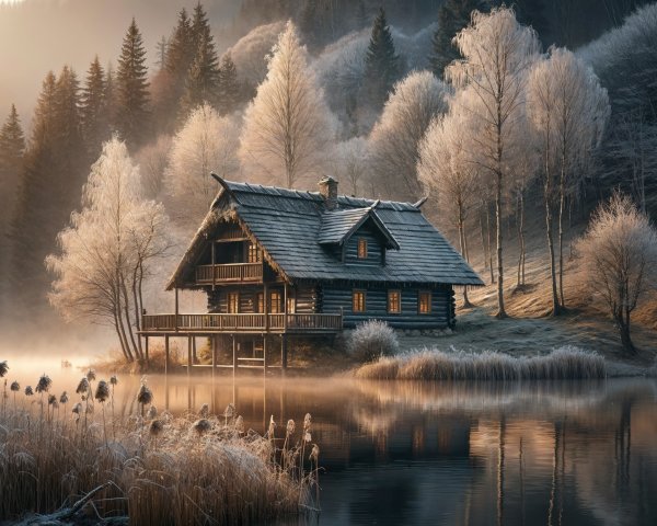 Wooden Cabin by Misty Lake in Winter Landscape