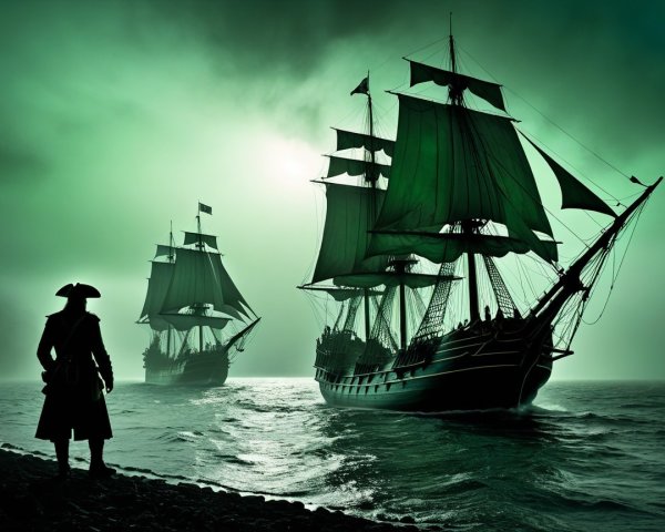 Foggy Shore with Ships and Pirate Figure Silhouette