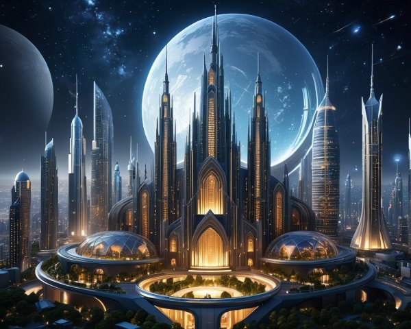 Futuristic cityscape with neon skyscrapers and palace